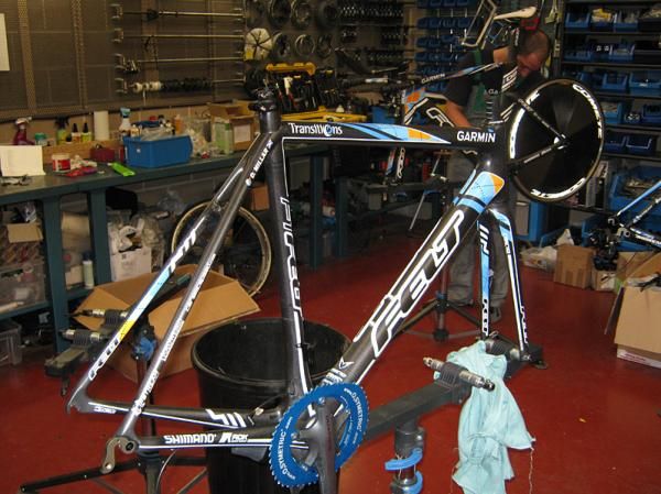 A new bike in the process of being built up for David Millar. Felt supply new frames for testing towards the end of the season.