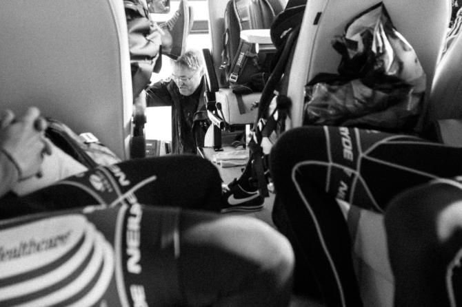 UnitedHealthcare team director Hendrik Redant climbs on the team bus to give the orders for the day.