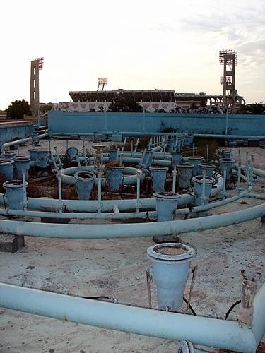 Disused "Friendship Fountain" with Pan Am stadium in background; the national cycling training center and Velodrome (not pictured) are just across the street.