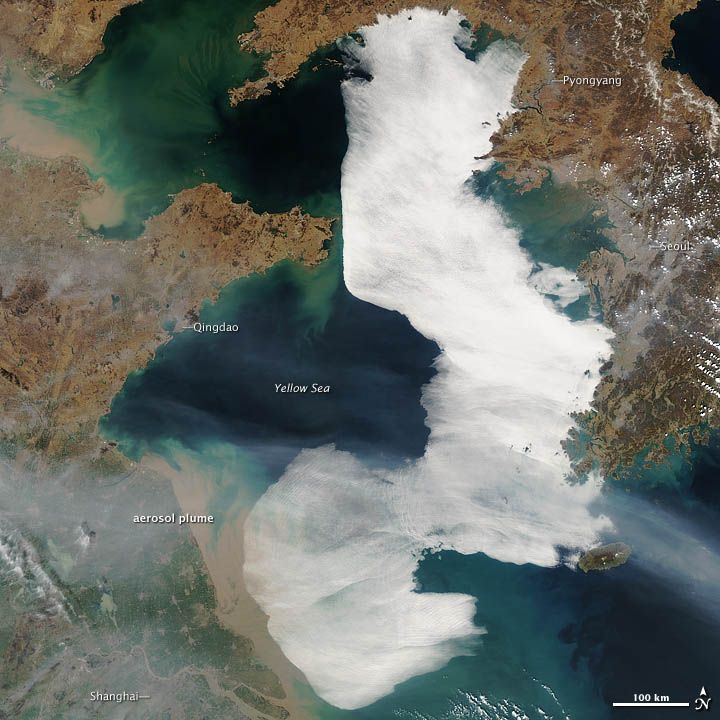 A thick fog covers an area the size of the Korean Peninsula over the Yellow Sea