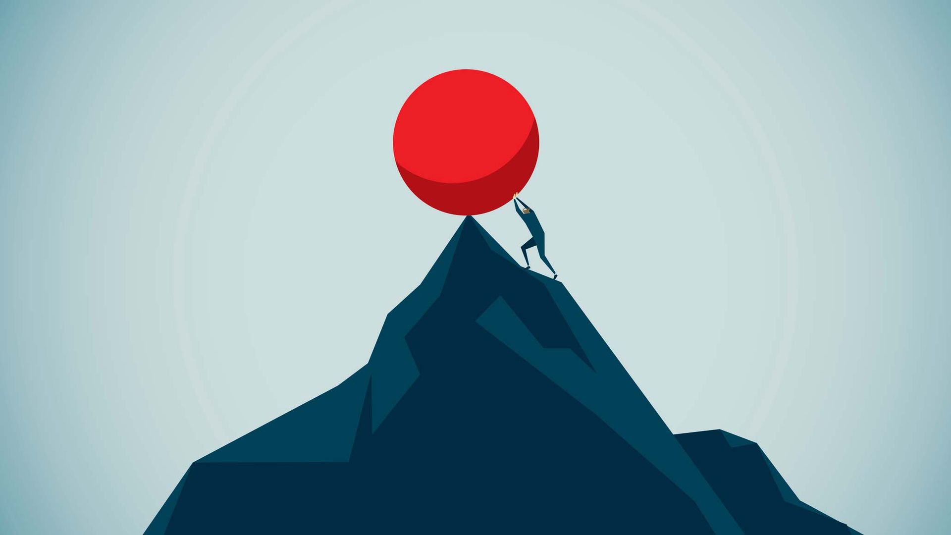 illustration of person pushing rock up mountain