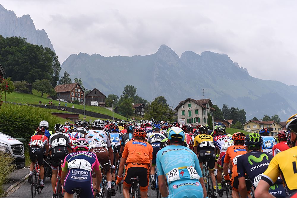 The mountains loom over the peloton