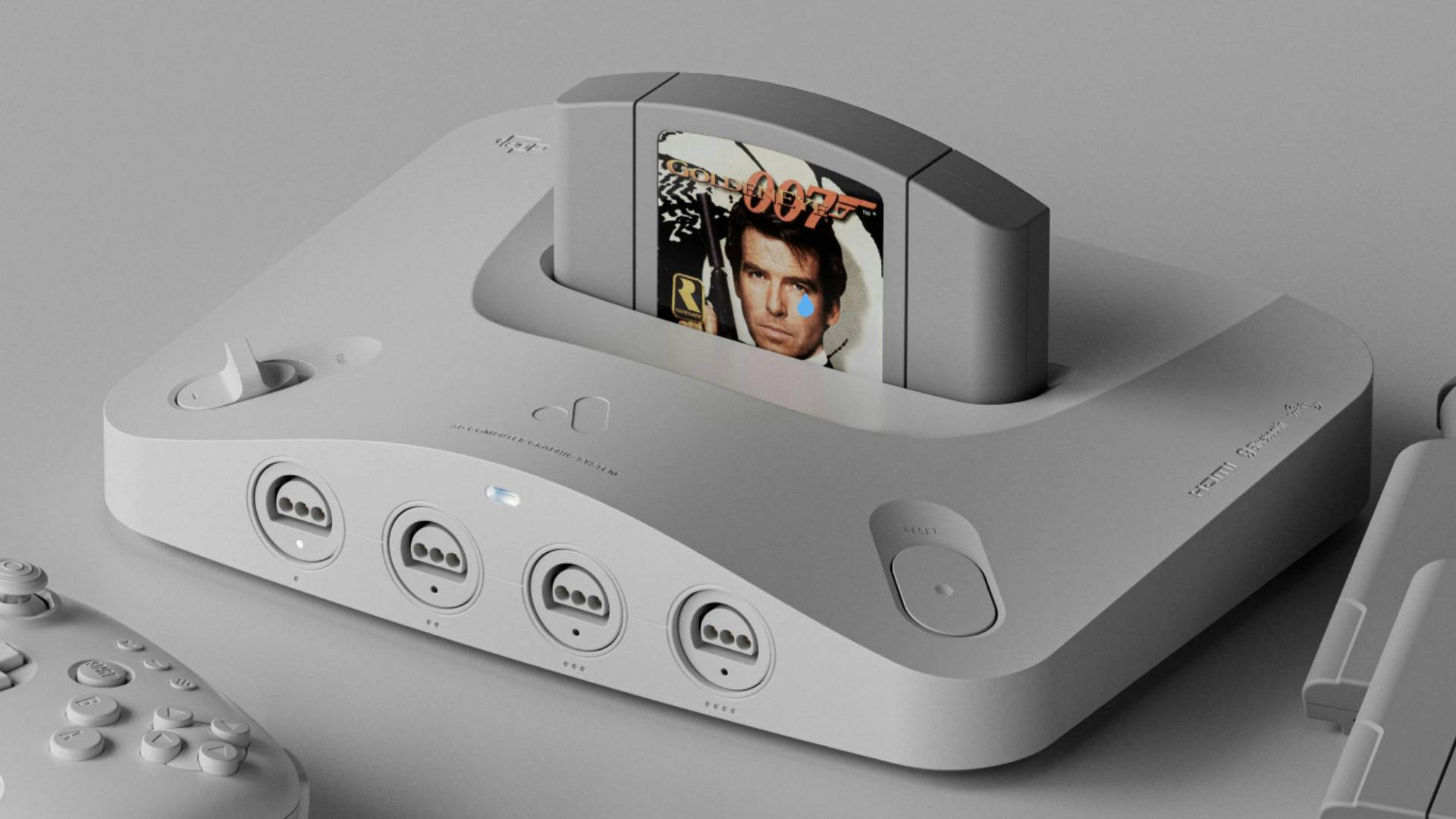 Analogue 3D console in white with Goldeneye N64 cartridge inserted with teardrop on Pierce Brosnan's face.