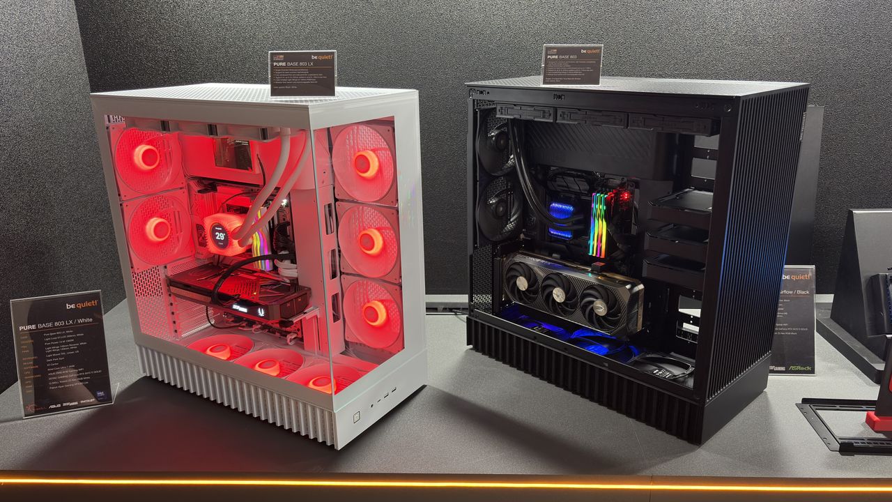 Be Quiet! Pure Base 803 and 803 LX pc cases on a black desk