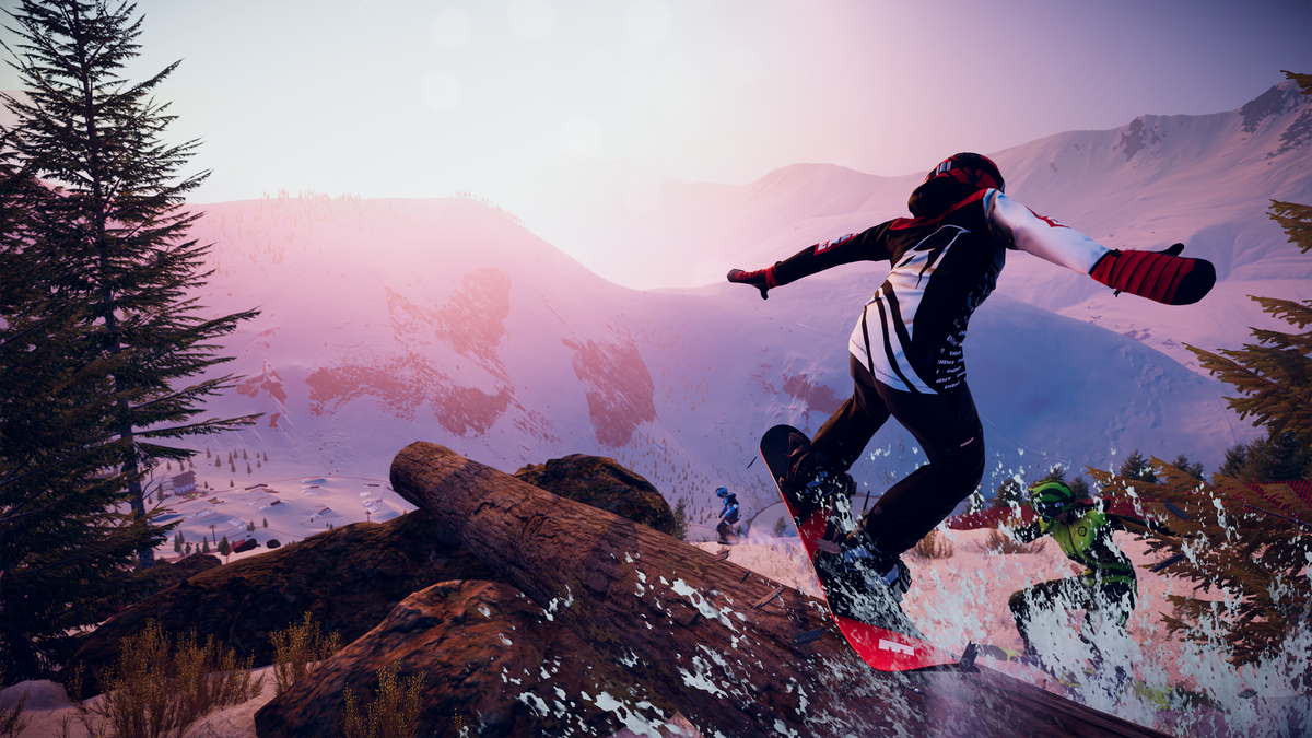 Descenders Next; a person rides a log on a snowboard