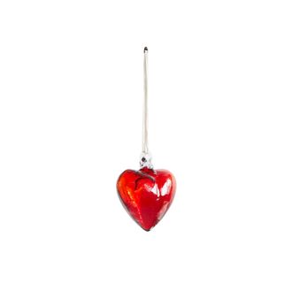 Glossy red heart ornament on a white string
