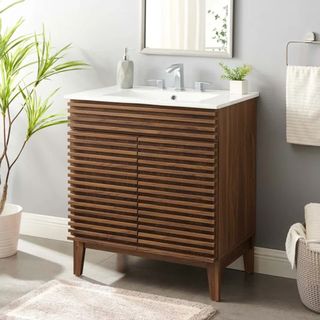 Render 30 Bathroom wooden Vanity Cabinet with a slatted design