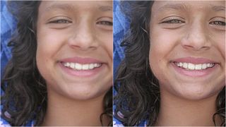 Zwei Fotos von einem lächelnden Mädchen, das linke Bild leicht verschwommen, das rechte nachbearbeitet und scharf