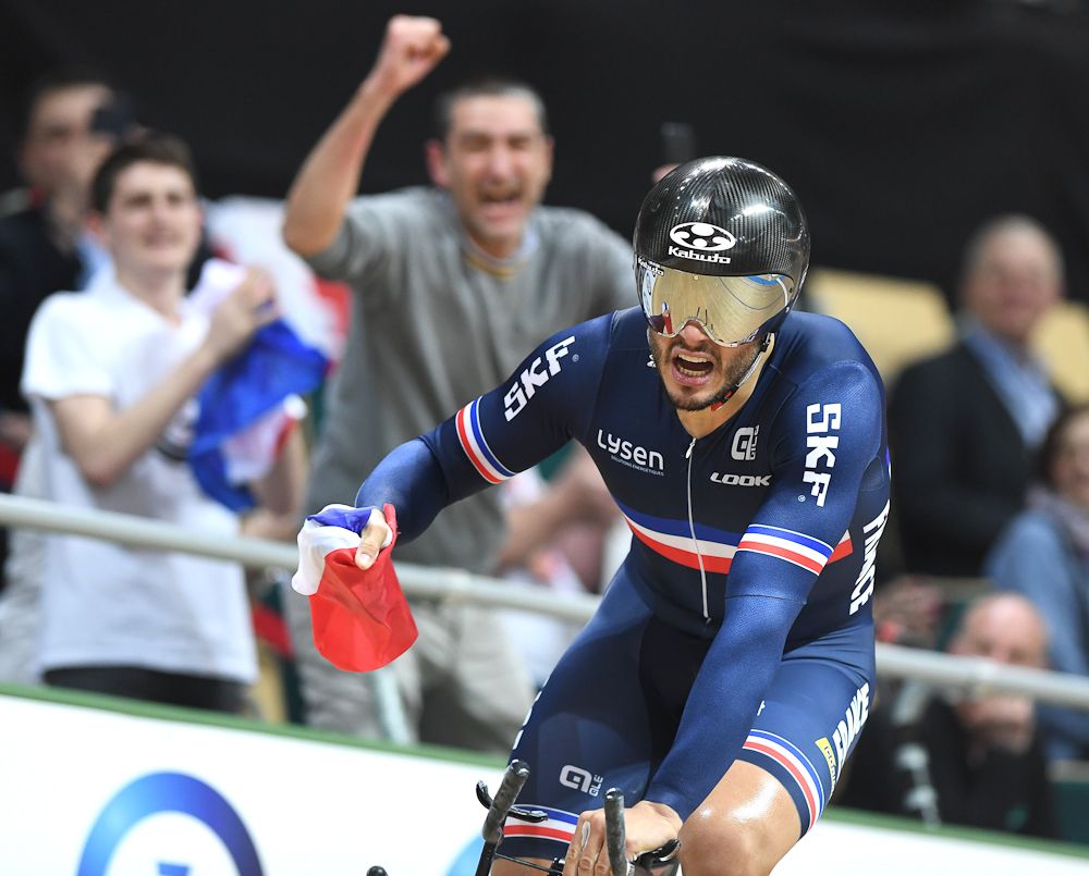France's Quentin Lafargue reacts after winning the gold medal in the men's 1 km time trial at the UCI Track Cycling World Championships