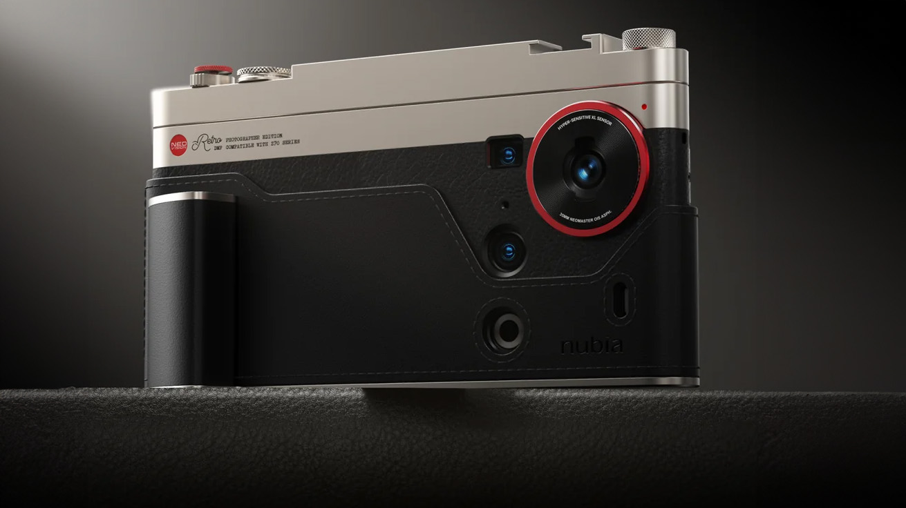 The Nubia Z70S Ultra smartphone with the Retro Kit on a black background (Background extended using Adobe Photoshop Generative Extend)