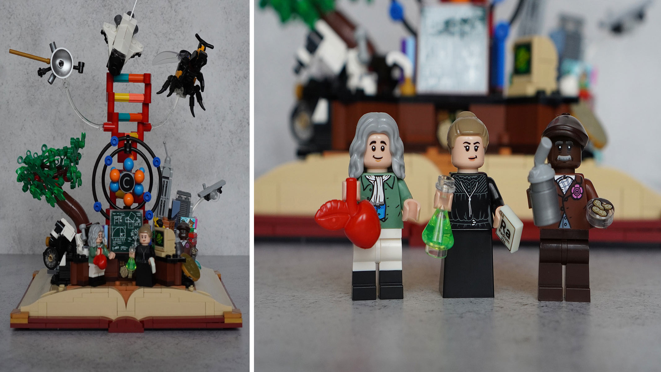 Three Lego minifigures are standing in front of a learning tree depicting key moments in the history of science on the right of the screen, the learning tree itself is on the left.