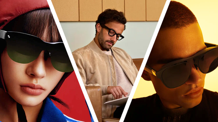 The RayNeo Air 3S glasses, Google's Android XR glasses and the Xreal one glasses being worn by three different models.