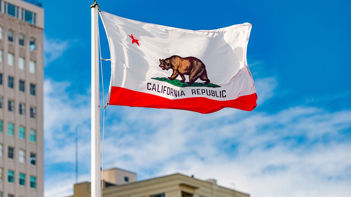 California republic flag pictured in San Francisco with blue skies in background.