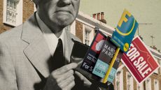 Photo collage of a sad man opening his wallet to show it's empty. Various estate agents' "for sale" signs come out of it.