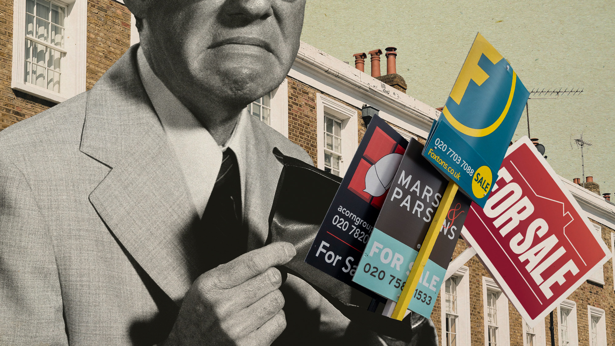 Photo collage of a sad man opening his wallet to show it's empty. Various estate agents' "for sale" signs come out of it.