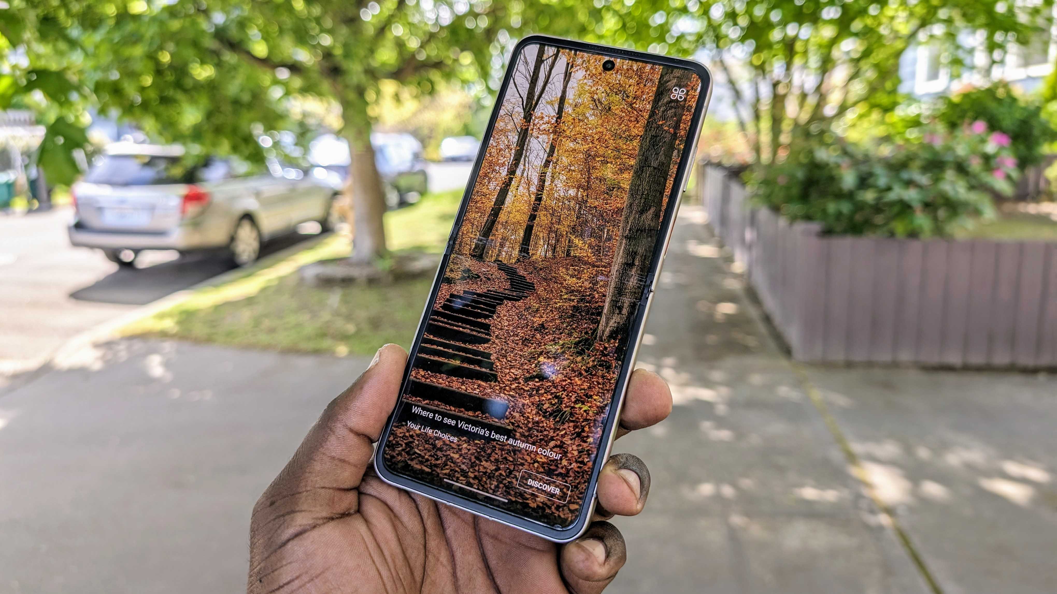 The Nubia Flip 5G outdoors with a wallpaper of autumn leaves