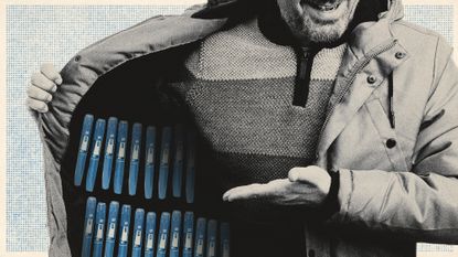 Photo collage of a man holding open his coat to reveal rows of counterfeit semaglutide injection pens