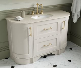 solid surface bathroom vanity in cream colour with undermount sink