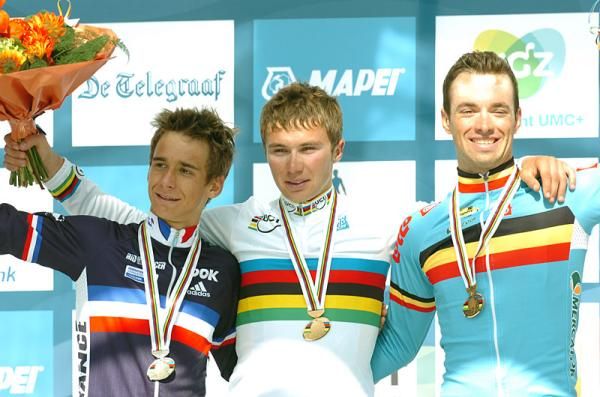 2012 U23 Worlds road race podium (L-R): Bryan Coquard (France), Alexey Lutsenko (Kazakhstan) and Tom Van Asbroeck (Belgium)