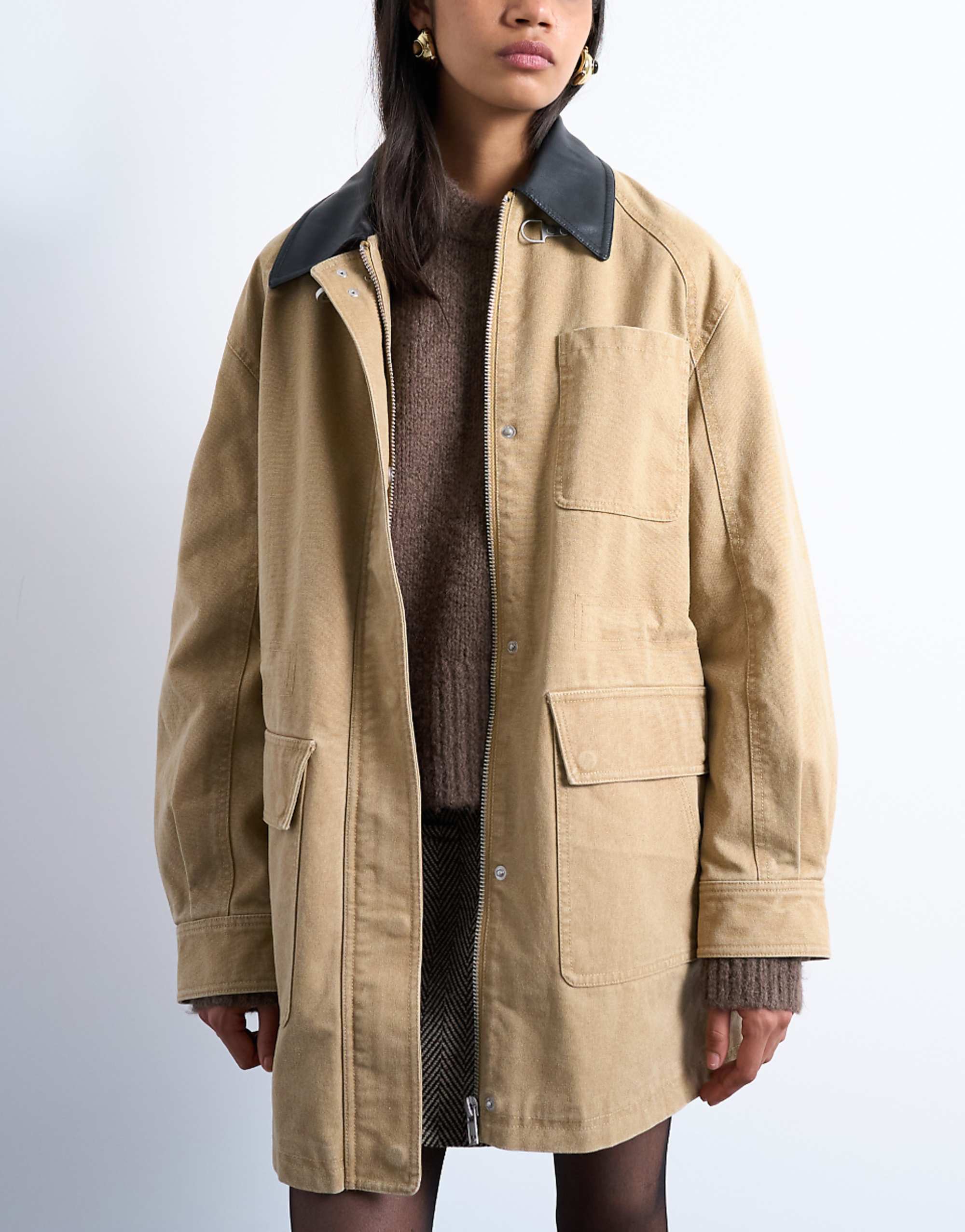 Topshop Barn Jacket With Buckle Detail in Tan
