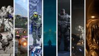 Split image showing screenshots from seven sci-fi games shown at SGF 2026.