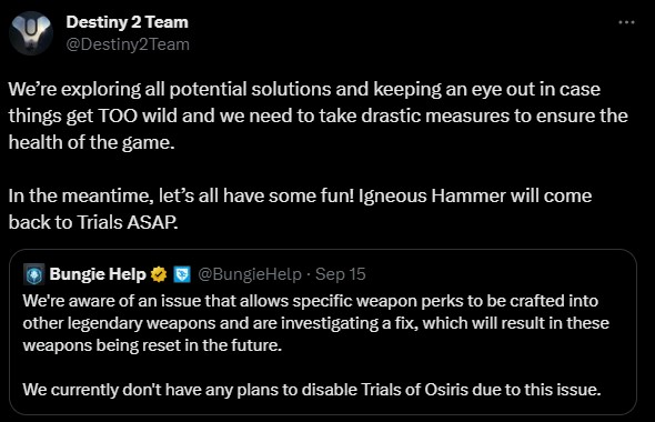 Bungie social media message outlining the current situation with the Frankengun glitch