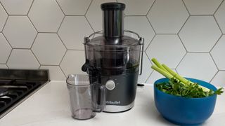 Nutribullet Juicer on a kitchen countetop with a bowl of celery