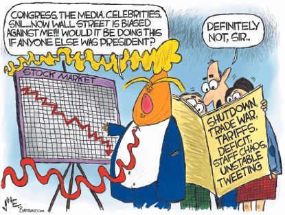 Political cartoon U.S. Trump media bias stock market government shutdown trade war Twitter staff chaos