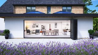 flat roof extension with large bi-fold doors and two roof lanterns