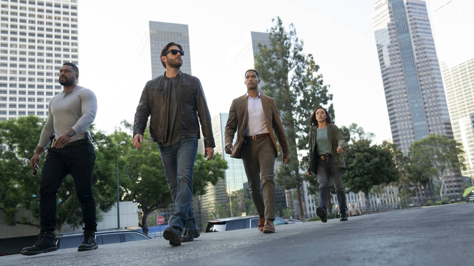 Jensen Ackles, Jessica Camacho, Elliott Knight and Uli Latukefu in Prime Video's Countdown