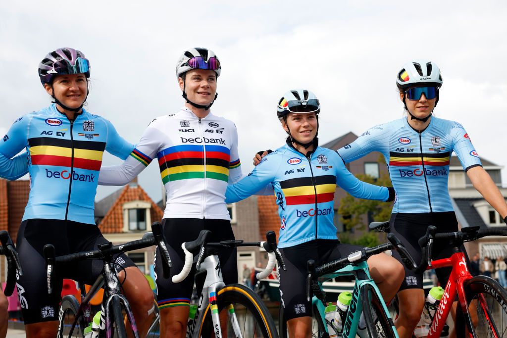 MEPPEL NETHERLANDS SEPTEMBER 23 LR Valerie Demey of Belgium Lotte Kopecky of Belgium Audrey De Keersmaeker of Belgium and Marieke Meert of Belgium prior to the 29th UEC Road Cycling European Championships 2023 Elite Womens Road Race a 1296km one day race from Meppel to Col du VAM UCIWWT on September 23 2023 in Meppel Netherlands Photo by Bas CzerwinskiGetty Images