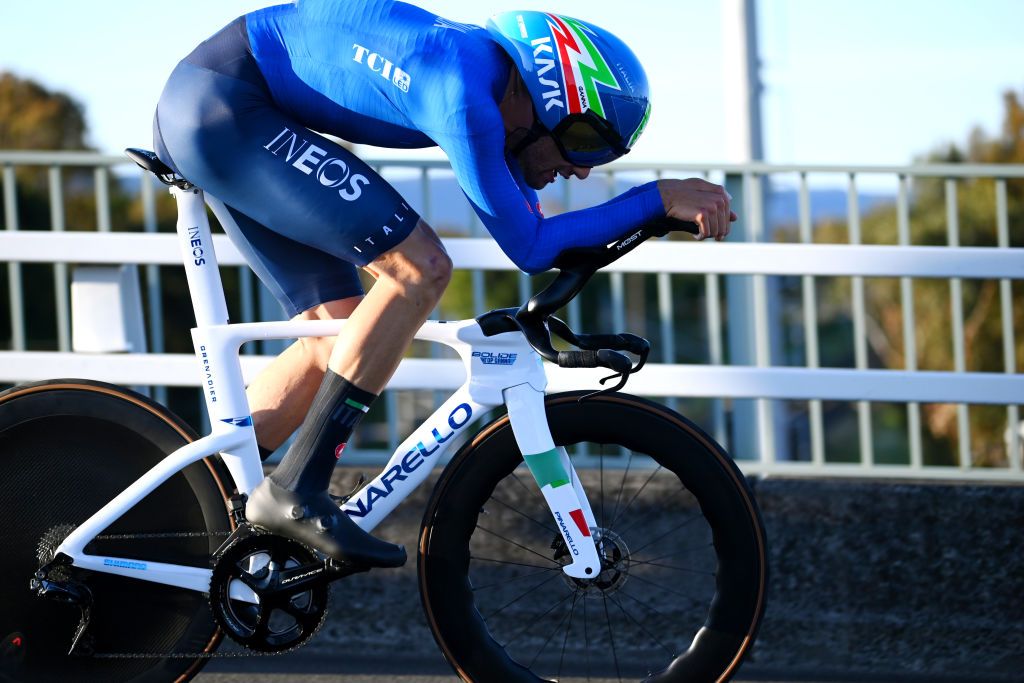 WOLLONGONG AUSTRALIA SEPTEMBER 18 Filippo Ganna of Italy sprints during the 95th UCI Road World Championships 2022 Men Individual Time Trial a 342km individual time trial race from Wollongong to Wollongong Wollongong2022 on September 18 2022 in Wollongong Australia Photo by Tim de WaeleGetty Images
