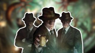 Three detectives with trilby hats and a serious expression glare into the foreground, with blurred eldritch horrors behind them