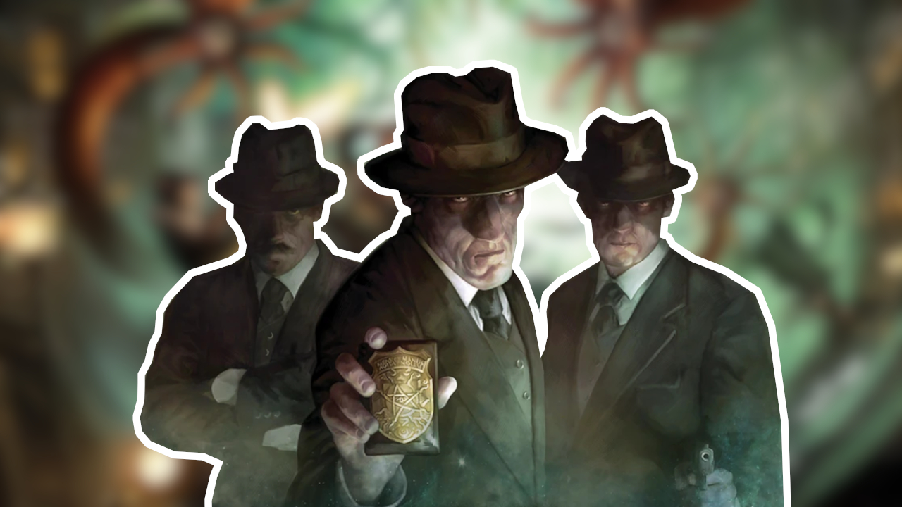 Three detectives with trilby hats and a serious expression glare into the foreground, with blurred eldritch horrors behind them