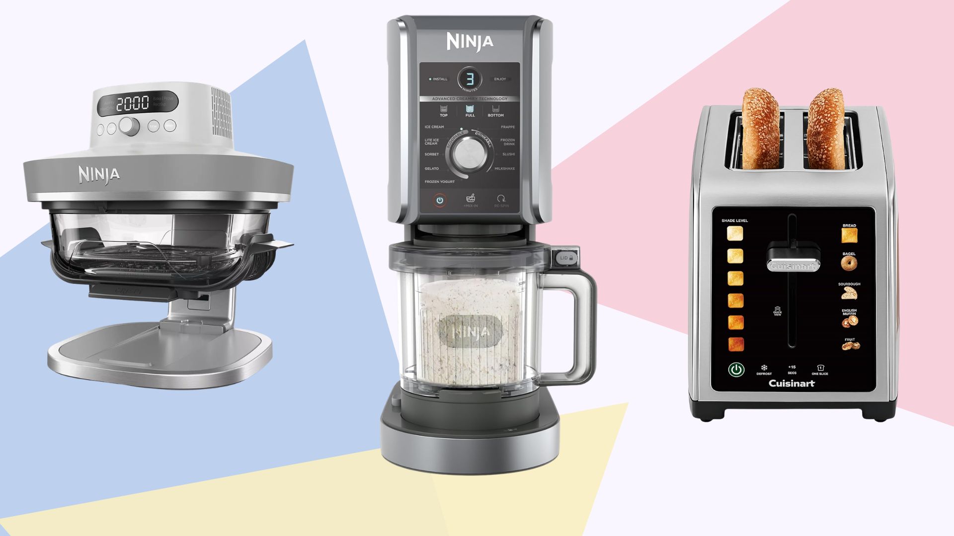 Three of our favourite Amazon Prime Day buys: the Ninja Crispi Pro Air Fryer, the Ninja Creami Ice Cream Machine, and Cuisinart Toaster