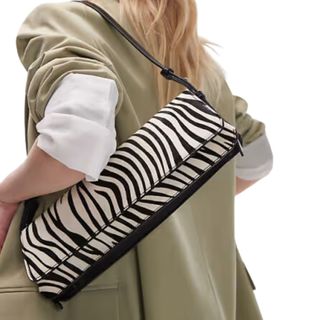 Topshop Stassi elongated shoulder bag in black PU with leather zebra print panels