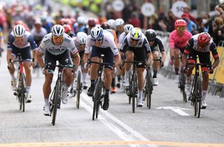 MATAR SPAIN MARCH 27 Arrival Sprint Peter Sagan of Slovakia and Team BORA Hansgrohe Daryl Impey of South Africa and Team Israel StartUp Nation Reinardt Janse Van Rensburg of South Africa and Team Qhubeka Assos Juan Sebastin Molano Benavides of Colombia and UAE Team Emirates during the 100th Volta Ciclista a Catalunya 2021 Stage 6 a 1938km stage from Tarragona to Matar VoltaCatalunya100 on March 27 2021 in Matar Spain Photo by David RamosGetty Images