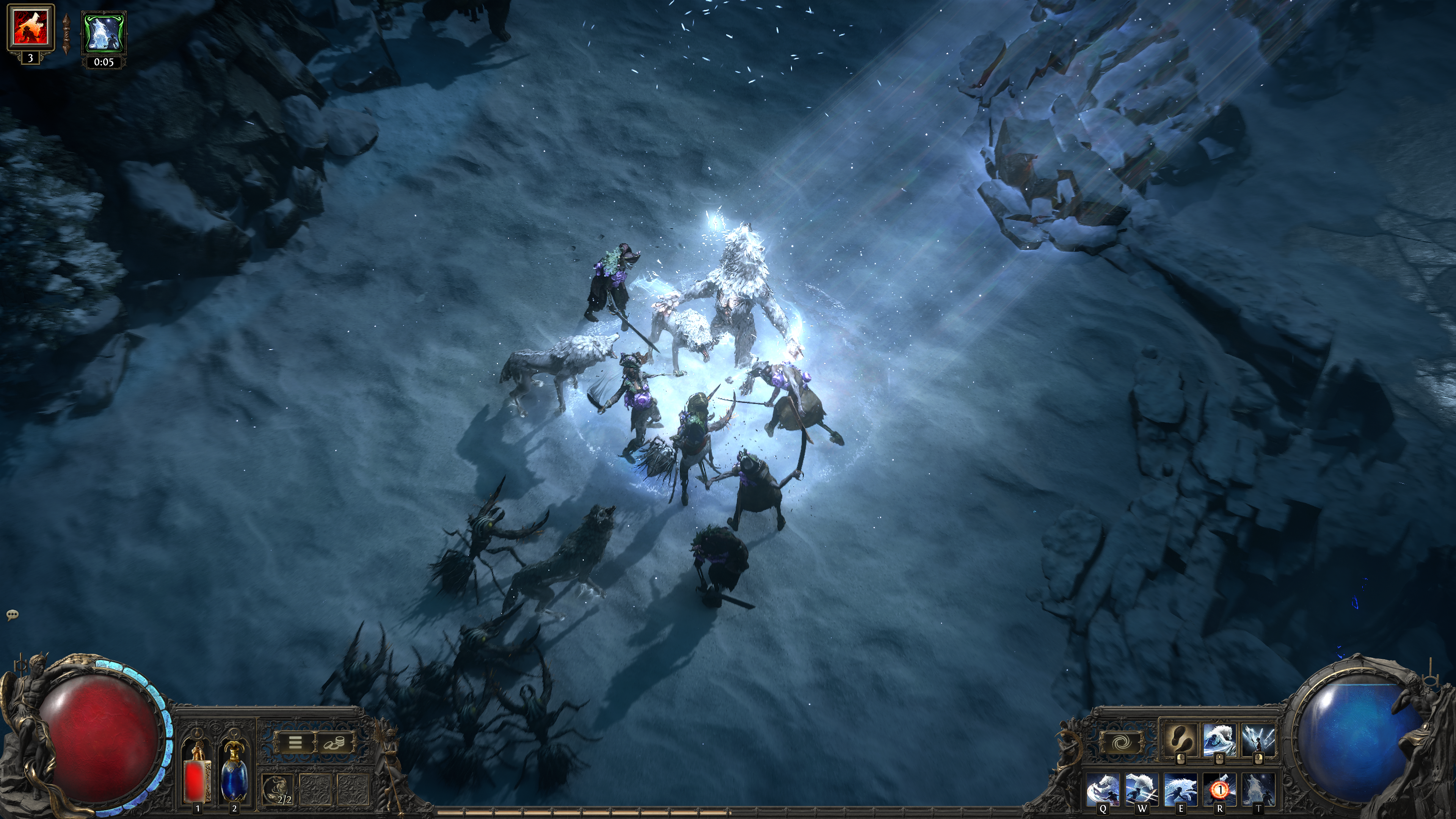 A promotional screenshot of Path of Exile 2's The Last of the Druids update. An overhead view of a player transforming into a wolf with moonlight shining down on them.