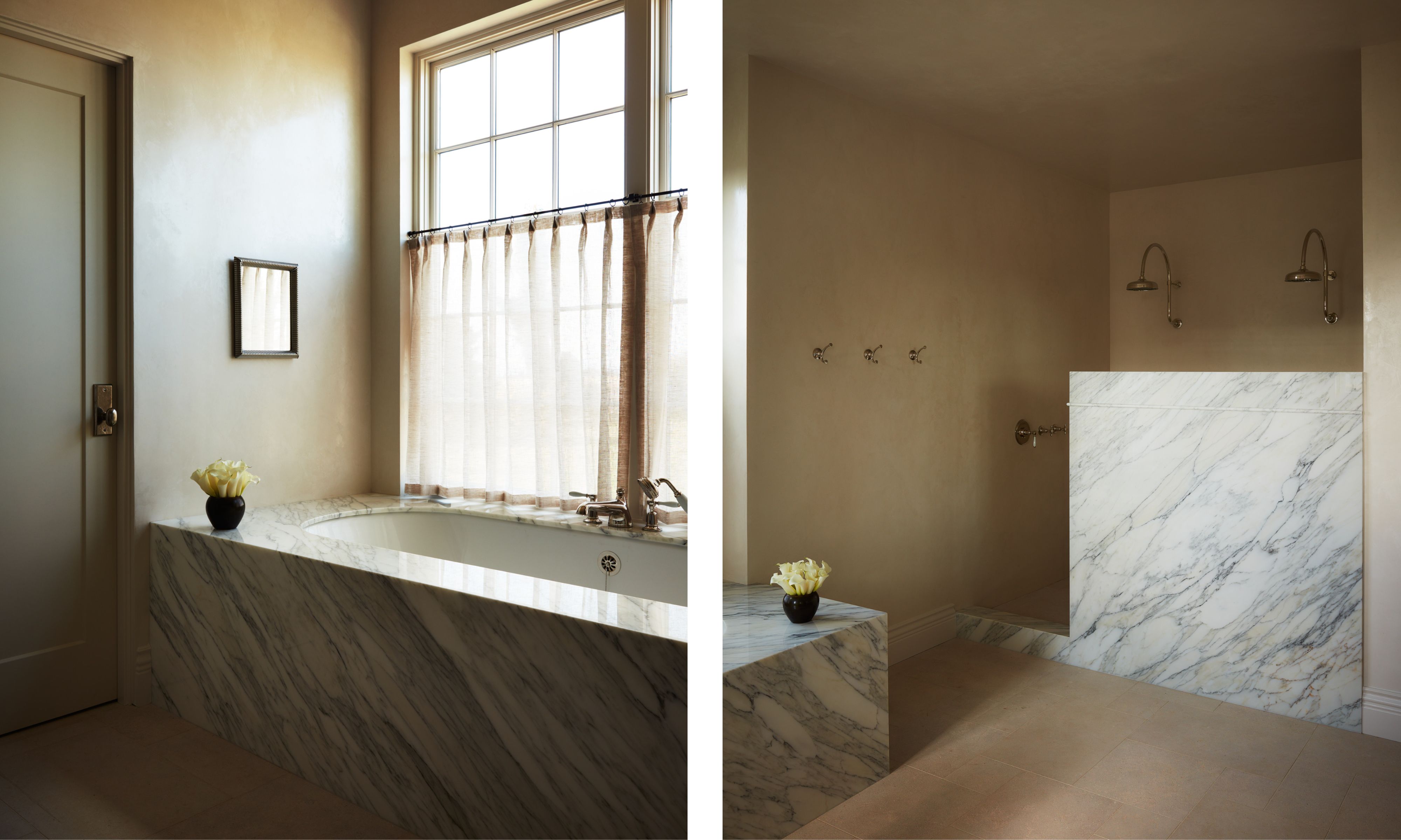 two shots next to each other of different ends of the same marble bathroom, one showing a marble shower and the other showing a marble clad bath