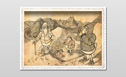 A postcard cartoon-style drawing featuring a mountain landscape and Moncler's Monduck (duck) with two other duck characters, all wearing a jacket. One duck looking through a pair of binoculars. One pouring a drink from a flask and the other observing. 