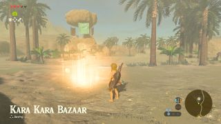 Link at the spot in Hyrule for the Kara Kara Bazaar Breath of the Wild Captured Memories collectible
