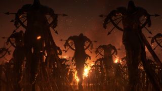 A screenshot from the Diablo V teaser trailer showing crucified victims