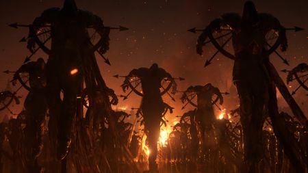 A screenshot from the Diablo V teaser trailer showing crucified victims