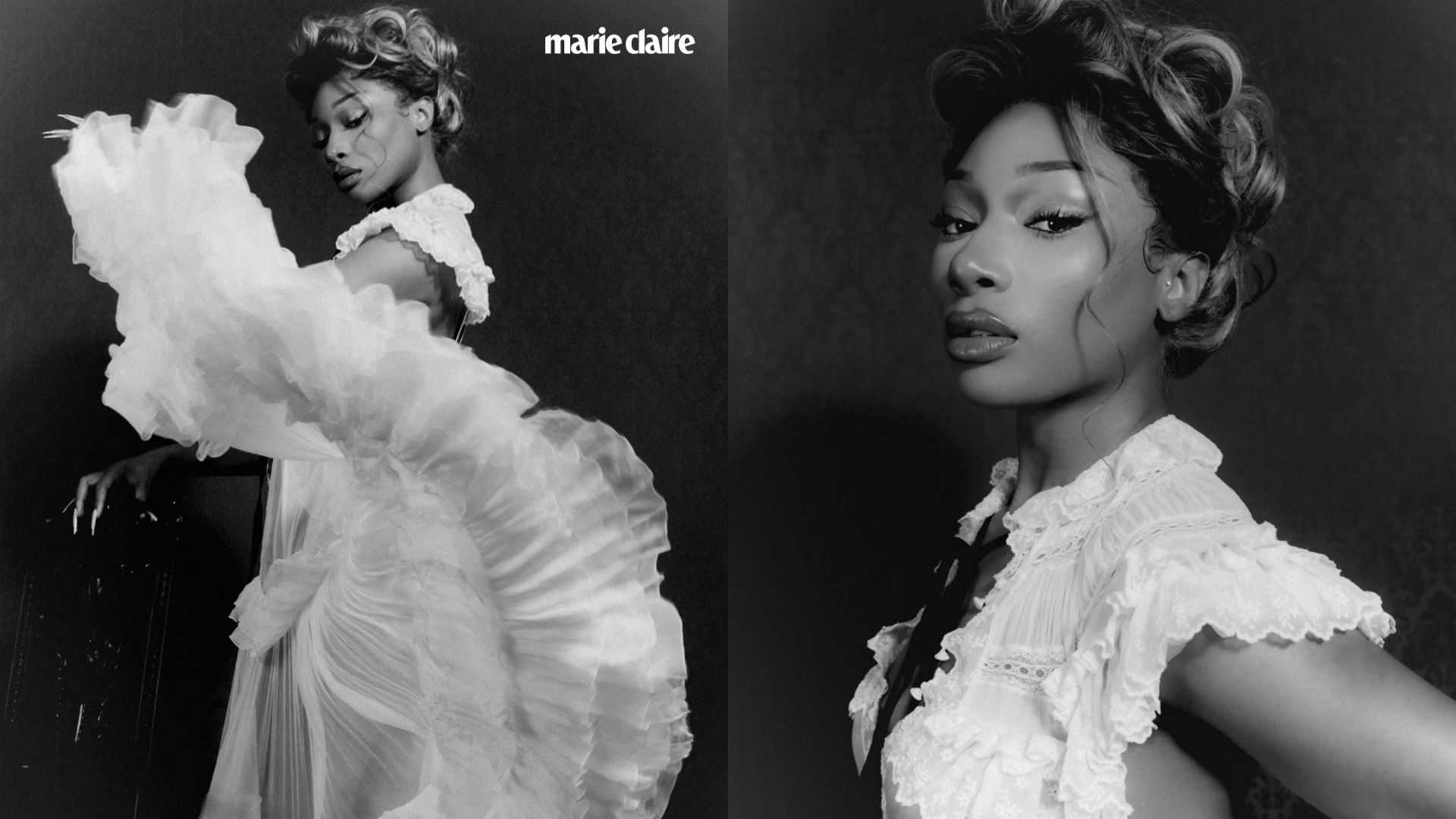 Megan Thee Stallion poses for Marie Claire, black and white photos