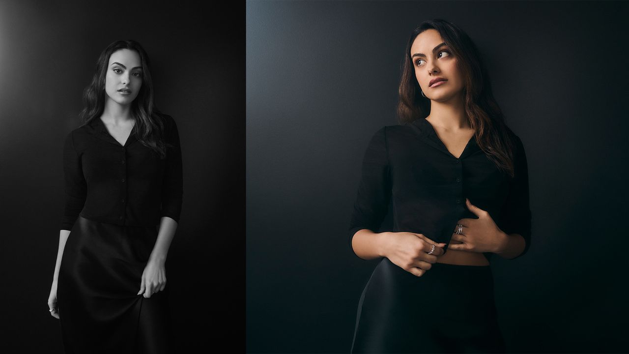 Camila Mendes poses for photo in black sheer top and silk skirt. 