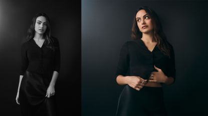 Camila Mendes poses for photo in sheer black top and black stain midi skirt. 