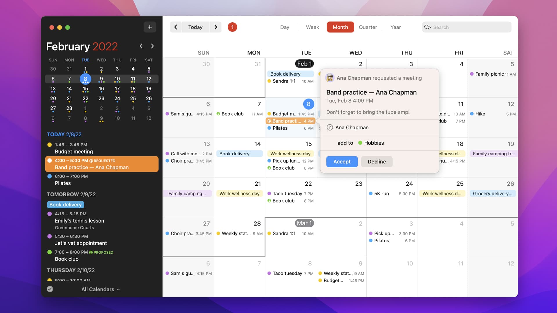 The Fantastical calendar app running on macOS.
