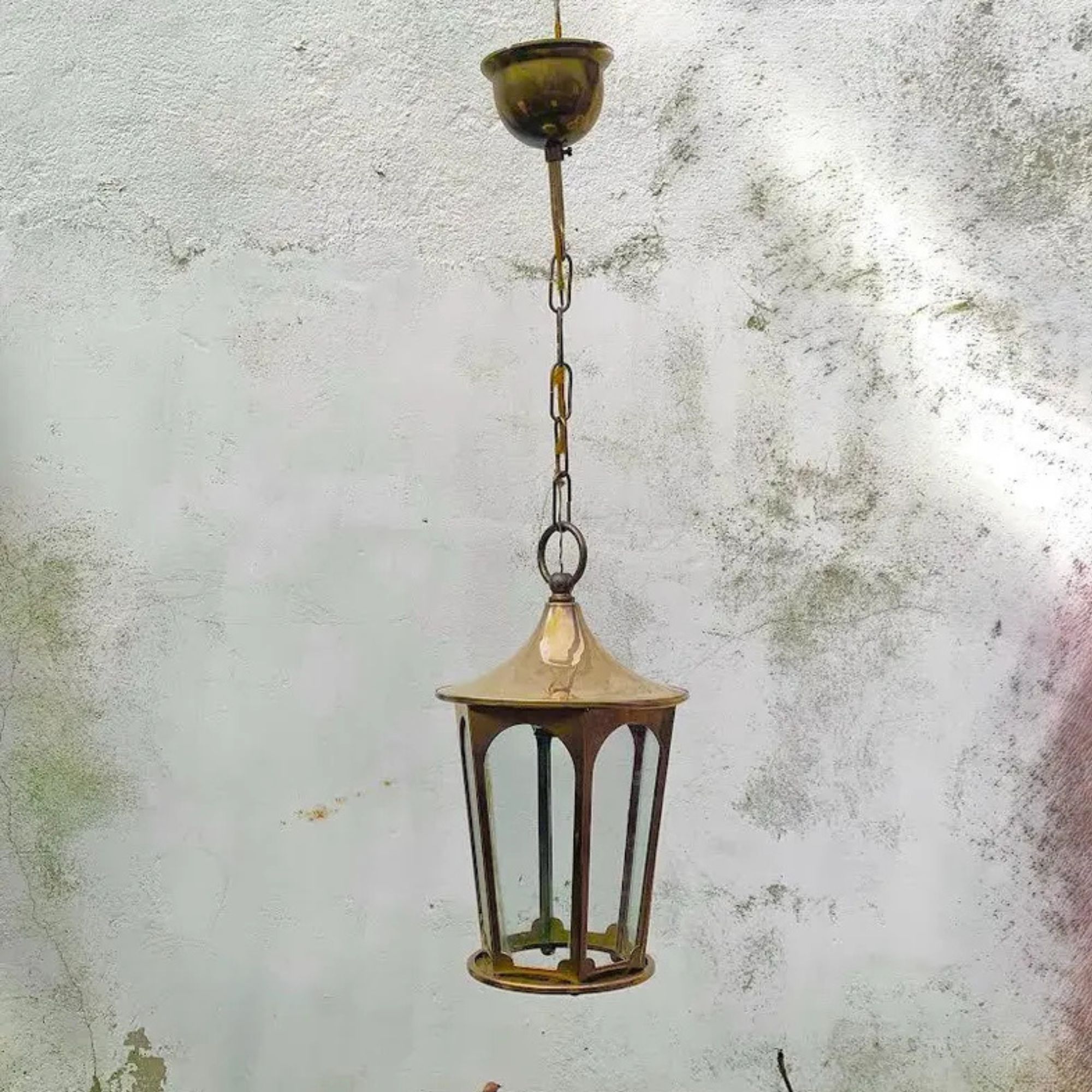 Antique hexagonal lantern in brass and glass - 1960s