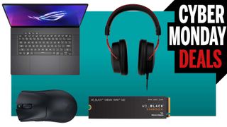 A selection of PC gaming gear on a teal gradient