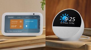 Two home smart devices; the Amazon Echo Show (left) and the Amazon Echo Spot (right)